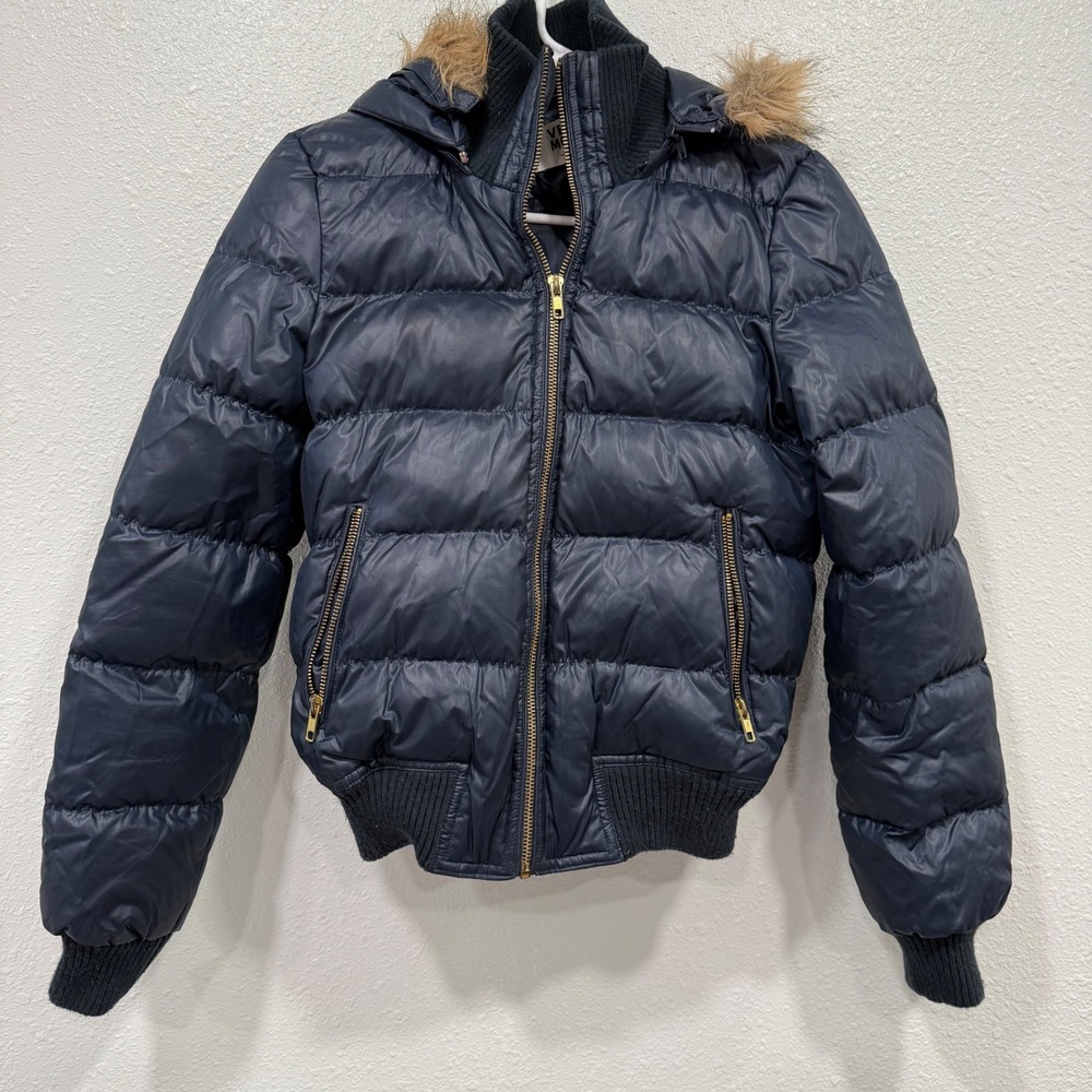 Vero Moda Navy Blue Puffer Jacket Faux‎ Fur Hood Bomber XS
